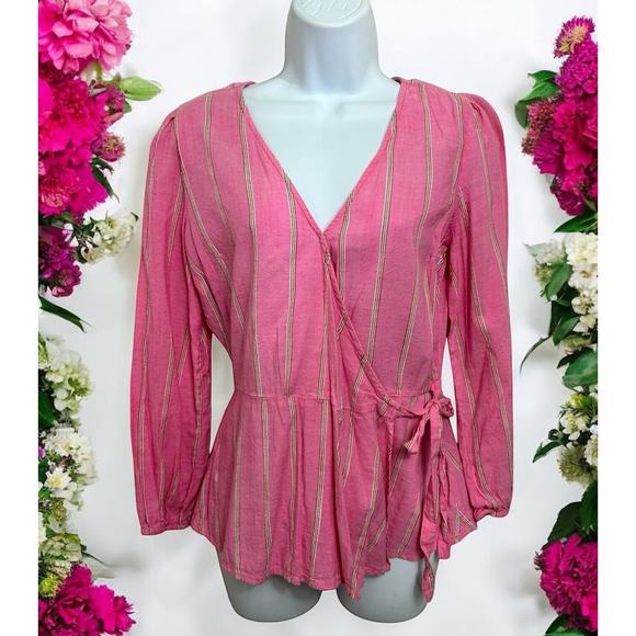 Old Navy Wrap Top Size Small Pink Striped Long-Sleeve Blouse Cotton Blend - Picture 1 of 7